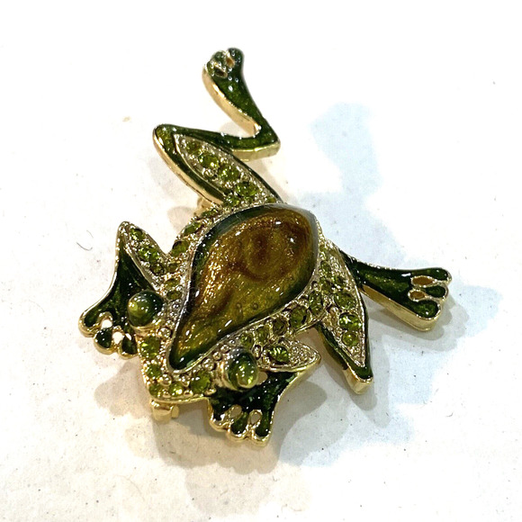 Hopping Frog Brooch Fashion Jewelry Enamel Pin Gold Brown & Green Rhinestones - Picture 7 of 9